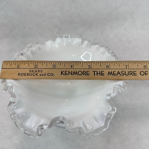 VTG FENTON Silver Crest Milk Glass Pedestal Bowl Candy Dish Clear Ruffle Edge 7" - Picture 4 of 10